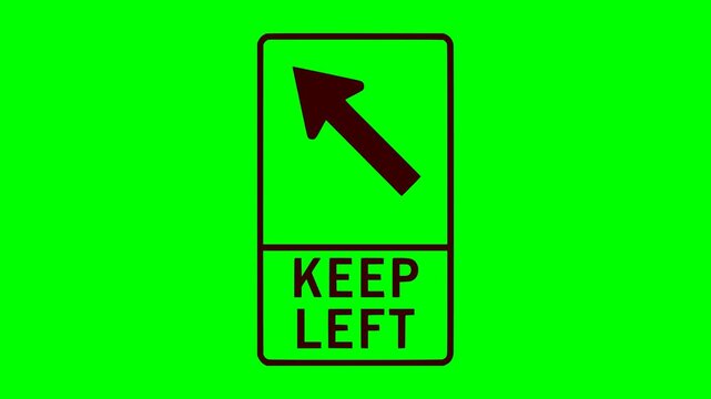 keep left traffic sign animation featuring a black border, directional arrow, and red blinking illumination on a green chroma key background