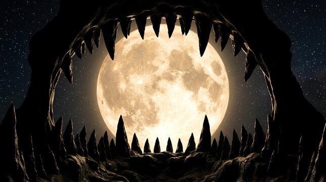Full moon viewed through the jagged silhouette of a giant monster's open mouth.