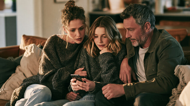 Serious parents and their teenage daughter sitting closely together on a living room couch looking intently at a smartphone