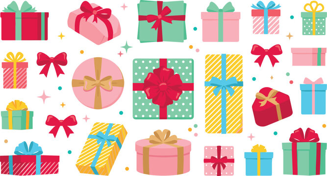 Colorful Gift Box Vector Icon Set Featuring Various Present Packages with Ribbons and Bows for Birthday Christmas Celebration and Holiday Designs