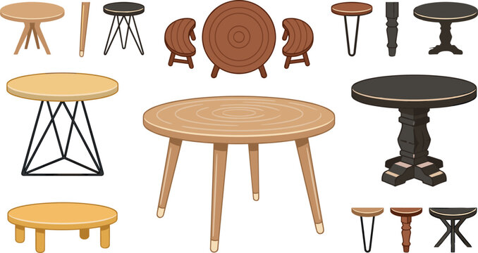 Wooden Round Table Vector Icon Set Featuring Various Coffee Tables Dining Furniture Pedestal Bases and Hairpin Legs for Interior Graphic Designs