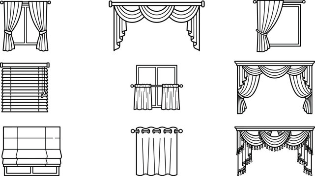 Window Curtain and Interior Blinds Line Icon Set Featuring Drapes, Valances, Roman Shades, Venetian Blinds, and Drapery Swag Vectors for Home Decor Designs