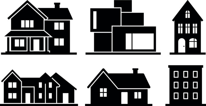Real Estate House and Building Silhouette Icon Set Featuring Modern Villa, Suburb Cottage, Apartment Complex, and Residential Property Vectors for Architecture Designs
