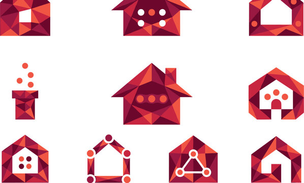 Red Low Poly Geometric House Vector Icon Set Featuring Abstract Home Logos Buildings and Network Symbols for Real Estate Branding Designs