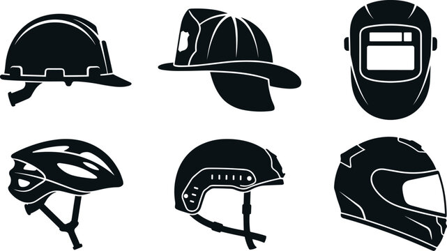 Safety Helmet and Head Protection Icon Set Featuring Construction Hardhat, Firefighter Hat, Welding Mask, Bicycle, Tactical, and Motorcycle Helmets Vectors for Work Safety Designs