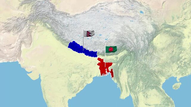 Nepal and Bangladesh national flags waving on digital map animation