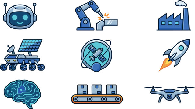 Technology and Automation Icon Set Featuring Robot Face, Industrial Arm, Factory, Rover, Satellite, Rocket, Digital Brain, and Drone Vectors for Future Industry Designs