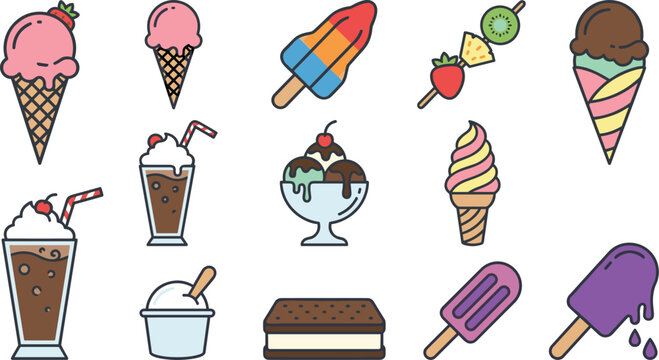 Sweet Ice Cream and Frozen Dessert Vector Icon Set with Waffle Cones, Sundae Bowls, Milkshakes, Popsicles, Ice Cream Sandwich, and Fruit Skewers for Cafe Menus