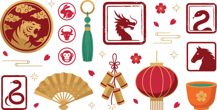 Traditional Chinese New Year Vector Element Set with Lunar Zodiac Animals, Dragon, Tiger, Red Lantern, Folding Fan, Firecrackers, and Stamps for Festive Holiday Designs