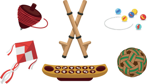 Traditional Southeast Asian Games Vector Icon Set Featuring Congkak Sepak Takraw Rattan Ball Gasing Spinning Top Stilts Marbles and Kite Illustrations