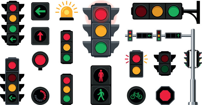 Traffic Light Vector Icon Set Featuring Red Yellow Green Stoplights Pedestrian Signals Bicycle Indicators and Siren Lights for Road Safety Graphic Designs