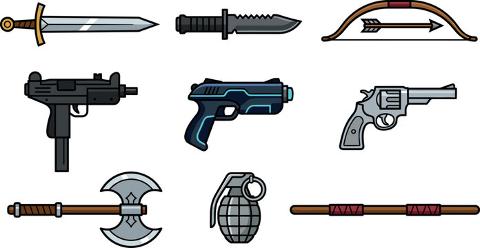 Video Game Weapon and Combat Equipment Vector Icon Set with Sword, Tactical Knife, Bow, Uzi, Sci-Fi Blaster, Revolver Pistol, Battle Axe, Grenade, and Staff Illustrations