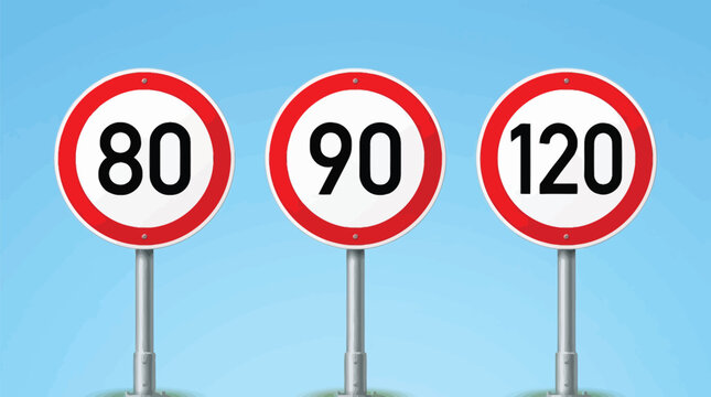 Speed limit vector signs displaying eighty ninety and one hundred twenty kilometers per hour traffic rules