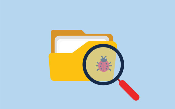 Cybersecurity Bug Diagnosis Vector Illustration with Folder and Magnifying Glass