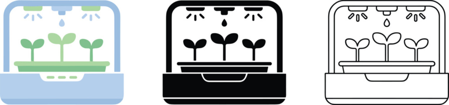 Indoor hydroponic system vector illustration featuring sprout seedlings with LED grow lights for gardening apps