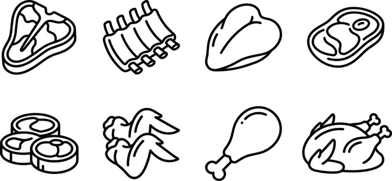 Meat and poultry vector illustration featuring steak, ribs, chicken wings, and drumsticks for culinary designs