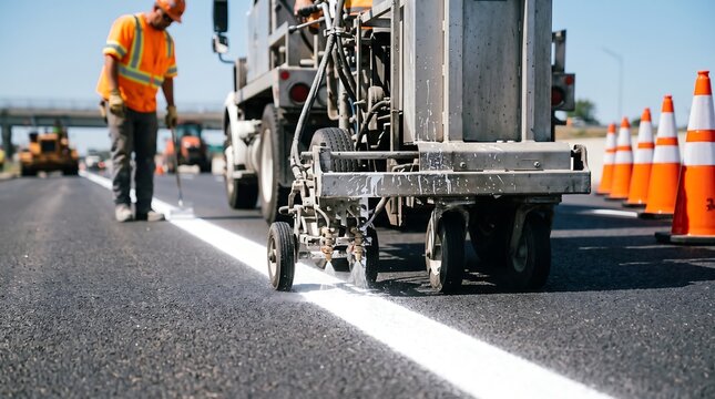 Road marking machine painting white lines on asphalt, highway construction worker in safety gear, industrial pavement striping process