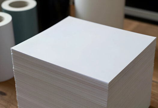 Printing and production supply, stack of white paper sheets for commercial office stationery and professional document publishing on a wooden desk