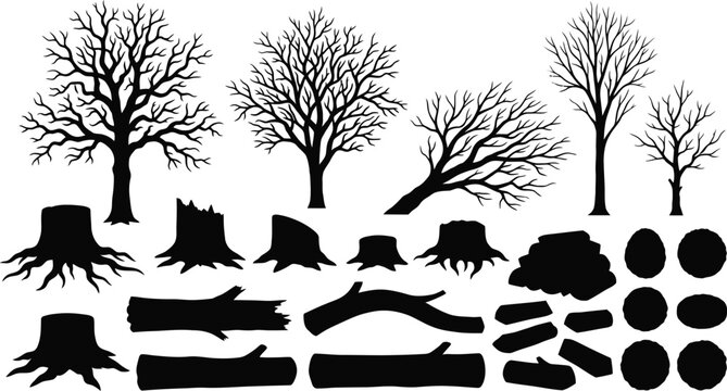 Deciduous Tree Silhouette Collection Featuring Stumps Logs and Foliage Shapes