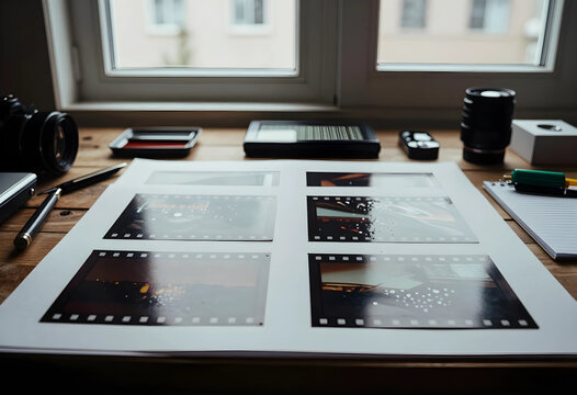Photography workflow and creative process, contact sheet with film negatives on a wooden desk in a studio with camera equipment and editing tools