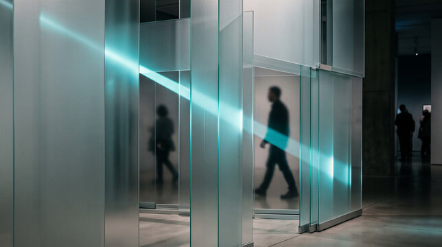 People walk through abstract glass art installation
