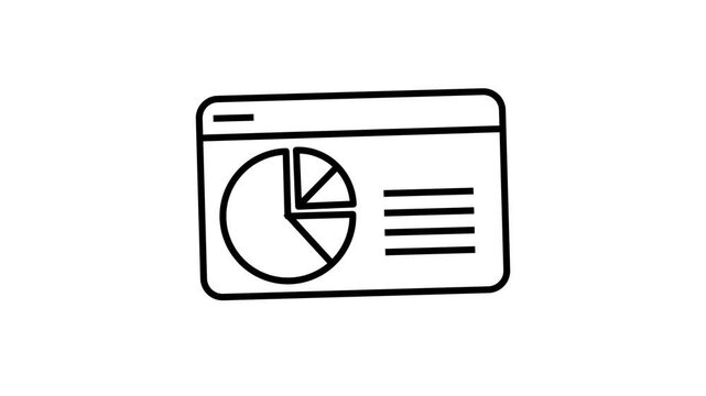 Black line pie chart dashboard analytics web browser icon animation on white background.
