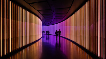 Fototapeta premium People walk through colorful illuminated modern corridor