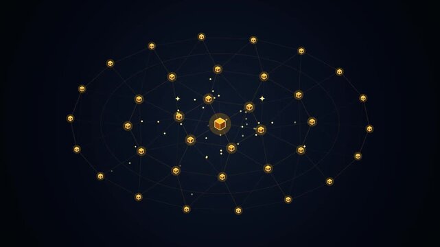 Digital network nodes with glowing cubes connecting in a geometric pattern on dark background with abstract system architecture continuous motion graphic cycle