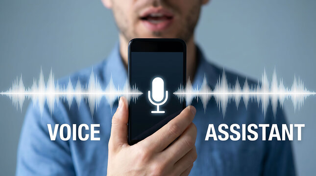 Man using voice assistant app on a smartphone with audio wave graphic