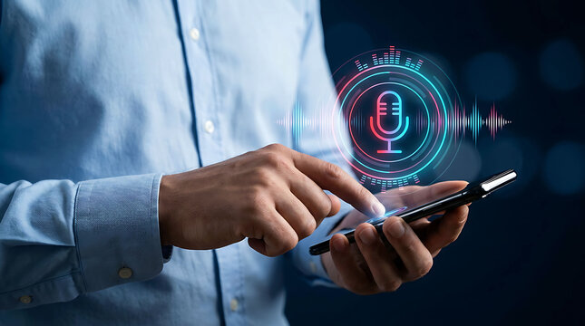 Man using voice recognition app on smartphone with digital microphone interface