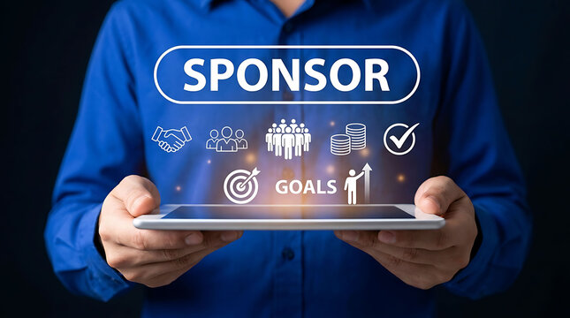 Businessman holding tablet with sponsor and marketing icons holograms concept