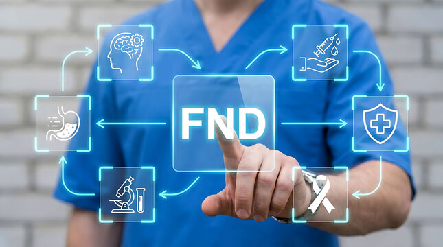Medical professional pointing at futuristic holographic display showing FND