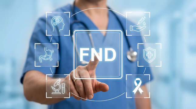 Doctor touching FND virtual screen with medical icons in a hospital setting