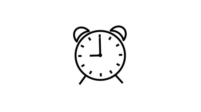 Black Line Art Doodle Alarm Clock Icon Animated on White Background.