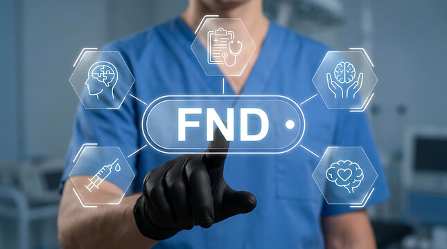 Medical professional touching a digital interface displaying FND acronym