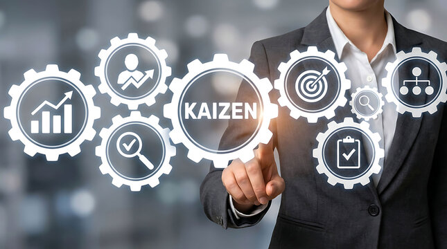 Businesswoman touching digital Kaizen process improvement icon on virtual screen