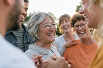 Fototapeta premium Senior woman with glasses smiling candidly among younger friends in a park, featuring soft lighting for community and intergenerational friendship