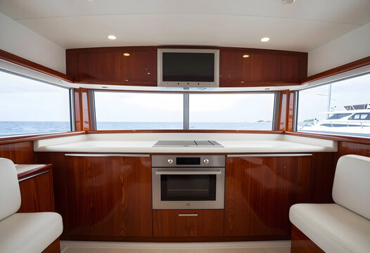 Luxury yacht interior kitchen travel and leisure lifestyle modern boat galley with ocean view high-end maritime vacation and nautical living space