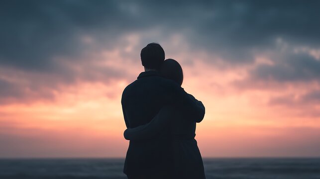 Two people embracing while watching a dramatic sunset over the ocean, creating a peaceful and intimate moment.
