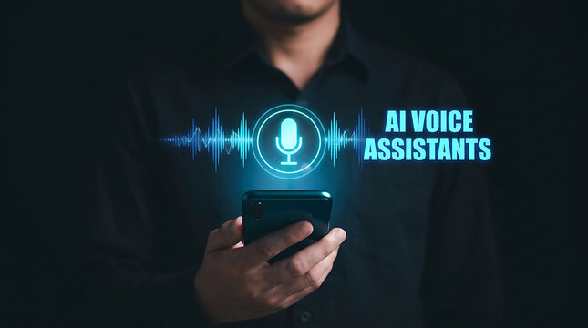 Person using a smartphone with AI voice assistant hologram graphic interface