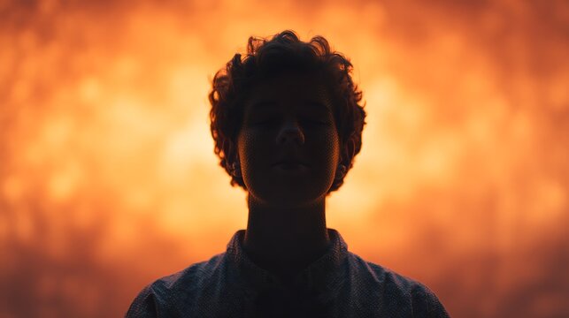 Silhouetted person with curly hair stands against a bright, warm orange background, creating a dramatic and mysterious atmosphere.