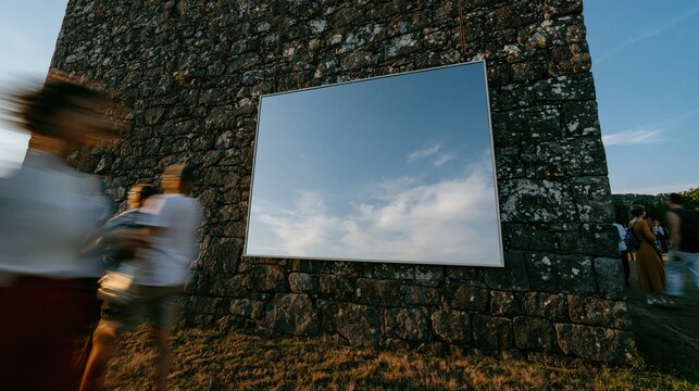 Blank signage board on a weathered stone wall with motion blur people passing by for an outdoor advertisement mockup