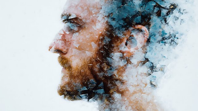 Abstract digital portrait of a bearded man in profile, composed of fragmented, textured, and layered brush strokes creating a dynamic mosaic effect.