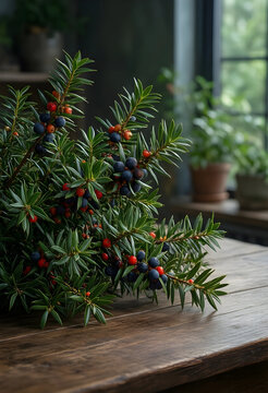 Botanical decor and seasonal nature, yew tree branches with red berries and dark blue fruit on a rustic wooden table in a cozy home interior setting