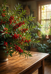 Obraz premium Christmas holiday decor and winter festive atmosphere, yew branches with red berries in a vase on a rustic wooden table in a cozy sunlit home interior