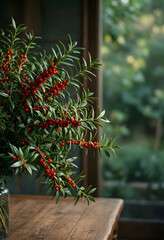 Obraz premium Christmas holiday decor and winter festive mood, holly branches with red berries in a glass vase on a rustic wooden table near a window