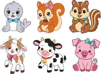 Fototapeta premium Collection of cute baby farm and wild animals cartoon characters with young goat