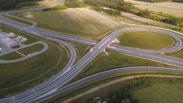 Drone shot of modern freeway cloverleaf