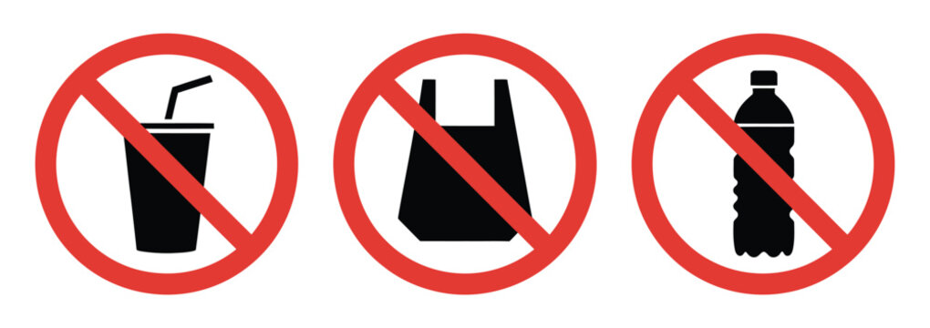 No plastics sign vector illustration with plastic bag, glass bottle, and drink cup prohibition symbols for environmental awareness and safety