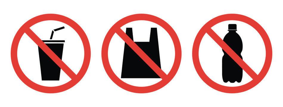 No plastics sign vector illustration featuring no plastic bag, glass bottle, and drink cup prohibition symbols for environmental protection